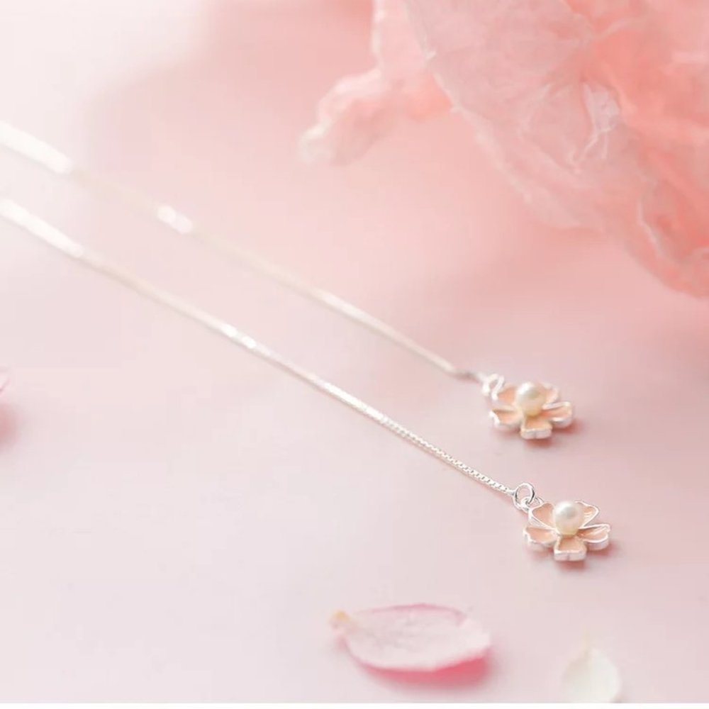 14k Gold Flower Long Chain Threader Earrings Sterling Silver - Picture 4 of 9